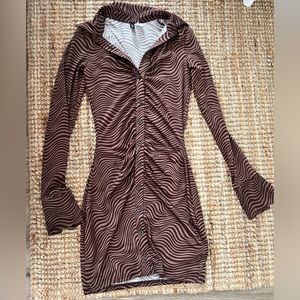 H&M Brown Swirl Print Mini Button Down Long Sleeve Dress